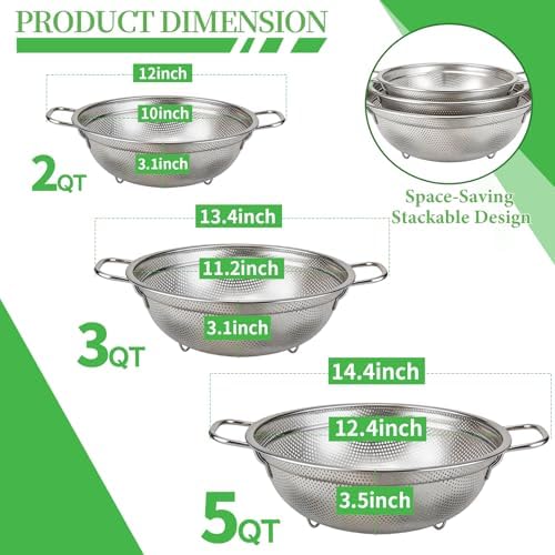 Stainless Steel Colander Set of 3, 18/8 Food Grade Steel Kitchen Strainers, 2, 3 & 5 Quart Metal Pasta Strainers with Welded Handles, Non-Slip Feet, 2.5mm Precision Holes, Dishwasher Safe