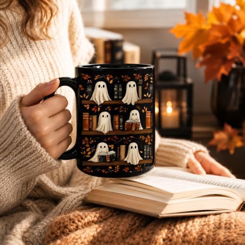 Hyturtle Cute Ghost Read Book Mug - Black Coffee Cup Ceramic Mug 15 Oz And Keychain - Book Gifts For Women Lover - Bookish Gift For Bookworm Librarian - Inspirational Librarian Present For Halloween