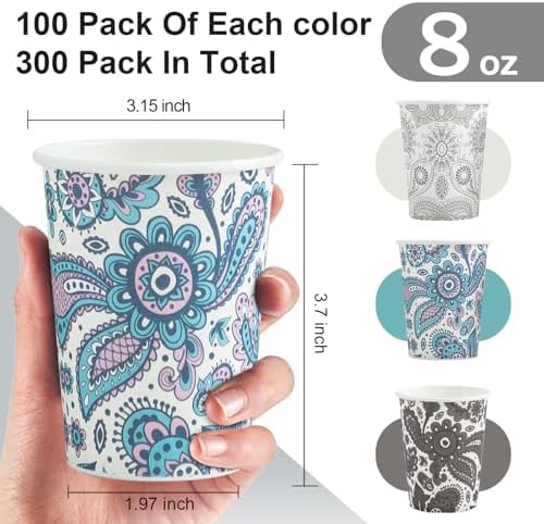 Clawsoff 300 Pack Paper Cups 8 oz, Disposable Coffee Cups 8 OZ (Paisley)