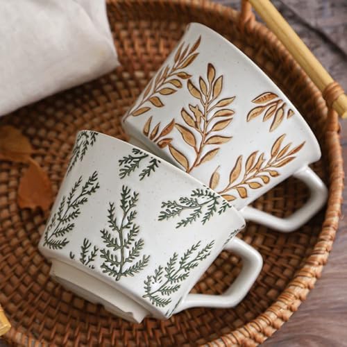 Ceramic Mug Set of 4, 11oz - Vintage Mug Cups for Coffee Milk Latte Cappuccino Tea, Porcelain Coffee Cups Set Gifts for Women Man, Farmhouse Handmade Stoneware Cups Dishwasher Microwave Safe