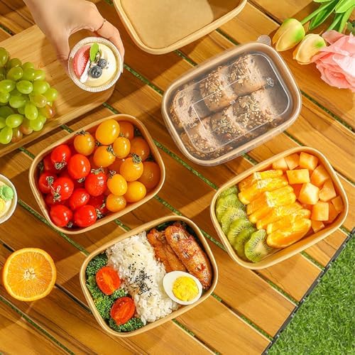 DI QIU REN 50-Pack 25oz Paper Bowls, Disposable Food Containers with Lids and Forks, Cardboard Meal Prep Containers for Diet Salad, Pasta (kraft Paper Rectangular, 25oz 50 Count)