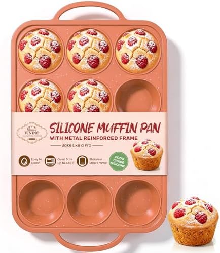 Vinino 12 Cup Silicone Muffin Pan with Stainless Steel Frame - Brick Orange
