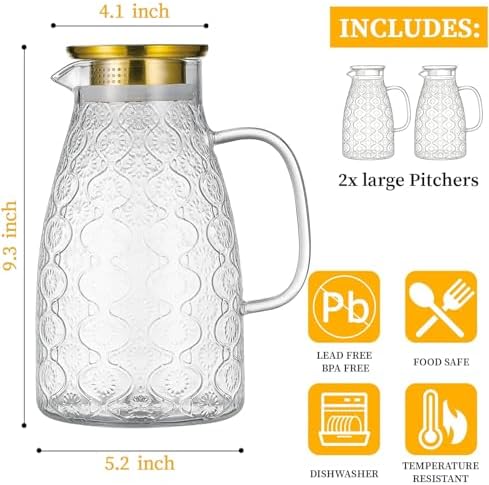 Buaic Glass Pitcher with Lid,2 PACK 68 oz/2 Liter Vintage Water Pitcher