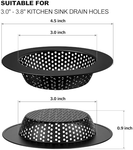 Huntonry Black Kitchen Sink Drain Strainer, Sink Drain Cover, Food Catcher, Large Wide Rim 4.5" Diameter, Stainless Steel, Pack of 2