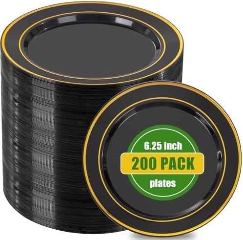 bUCLA 200PCS Black and Gold Plastic Plates - 6.25inch Black with Gold Rim Disposable Dessert/Salad/Appetizer/Small Cake Plates - Ideal for Party & New Year