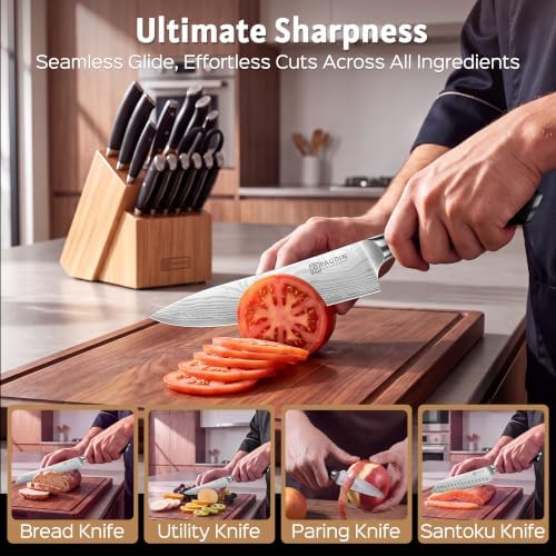 Paudin Knife Set, 17-Piece Kitchen Knife Set With Block, Built-In Sharpener