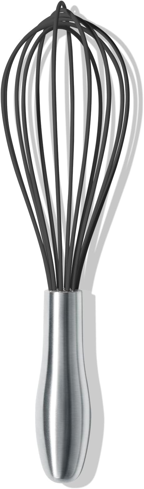 10-Inch Black Silicone Whisk, Heat Resistant 480°F Kitchen Whisk with Stainless Steel Ergonomic Handle, Non-Scratch for Nonstick Cookware, Dishwasher Safe, Perfect for Blending, Cooking & Beating