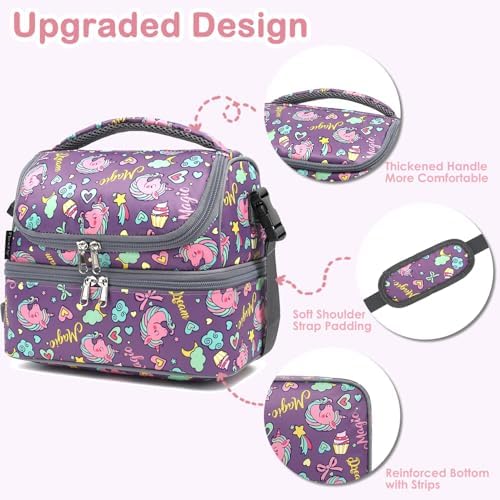 FlowFly Double Decker Cooler Insulated Lunch Bag Large Tote for Boys, Girls, Men, Women, With Adjustable Strap (Purple-Unicorn)