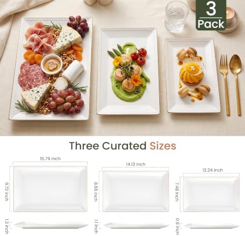 Kassel Ceramic Serving Platter Set | 16”/14”/12” Rectangular Serving Trays for Entertaining at Parties and Weddings | Oven Safe Extra Large Serving Trays for Tacos, Steak, and Cake