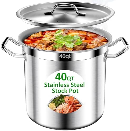 Stainless Steel Stockpot – 40QT Stock Pot with Lid, Heavy-Duty Tri-Ply Bottom Cooking Pot for Canning, Boiling Beer Brewing, Soup, Seafood Boil – Satin Finish Stainless Steel Soup Pot