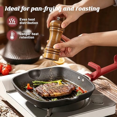 Enamel Matte Cast Iron Grill Pan,11 Inch,Wrist Saver,Ergonomic Handle for Effort-saving