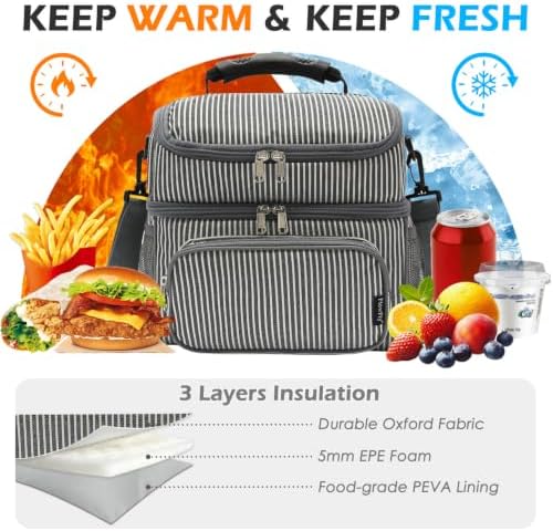 FlowFly Double Layer Cooler Insulated Lunch Bag Adult Lunch Box Large Tote Bag for Men, Women, With Adjustable Strap,Front Pocket and Dual Large Mesh Side Pockets