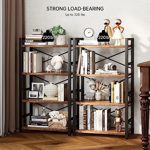 Homeiju Bookshelf, 4 Tier Small Bookcase, Organizers and Storage, Metal Small Bookcase, Rustic Book Shelf Organization and Storage for Living Room, Bedroom, and Home Office(Rustic Brown)