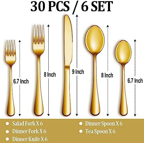 30 Pcs Gold Silverware Set Service for 6, Premium Stainless Steel Flatware Set, Cutlery Utensil Set, Durable Home Kitchen Eating Tableware Set, Include Fork Knife Spoon Set, Dishwasher Safe