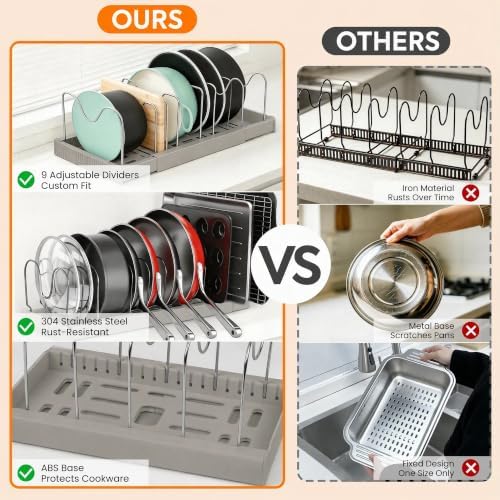 Pots and Pans Organizer under Cabinet, Expandable Adjustable Pot Lid Organizer Rack with 9 Stainless Steel Dividers, Food Storage Container Lid Holder for Kitchen Countertop Storage (Gray)