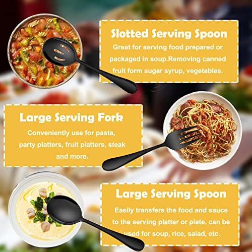 6 PCS Stainless Steel Serving Utensils, Large Serving Spoons Slotted Spoons, Forks, Ice Suger Tongs, Cake Server, Soup Ladle, Metal Utensils Set Great for Buffet Catering Banquet Party, Black