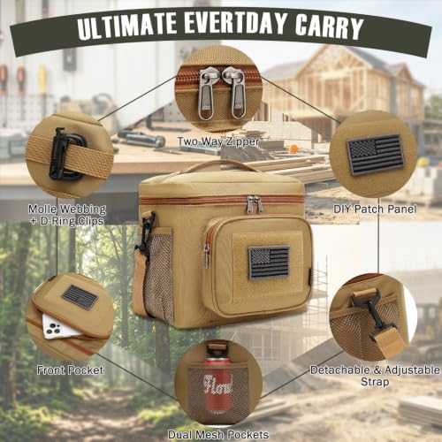 FlowFly Tactical Lunch Bag Large Insulated Lunch Box Cooler Tote for Men, Women with MOLLE/PALS Webbing(Brown, Medium)