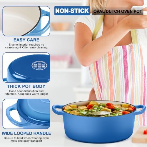 E-far 7QT Oval Dutch Oven Pot with Lid, Blue Enameled Cast Iron Dutch Oven