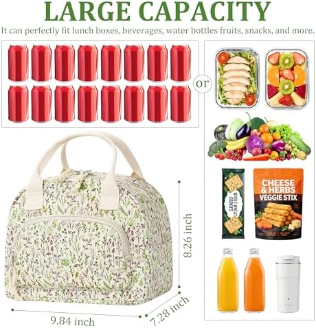 TESAFNG Lunch Bag - Insulated Lunch Box for Women, Reusable Large Capacity Cooler Bag for Adult, Small Leakproof Cute Corduroy Lunch Tote for Work Office Travel Picnic (Floral)