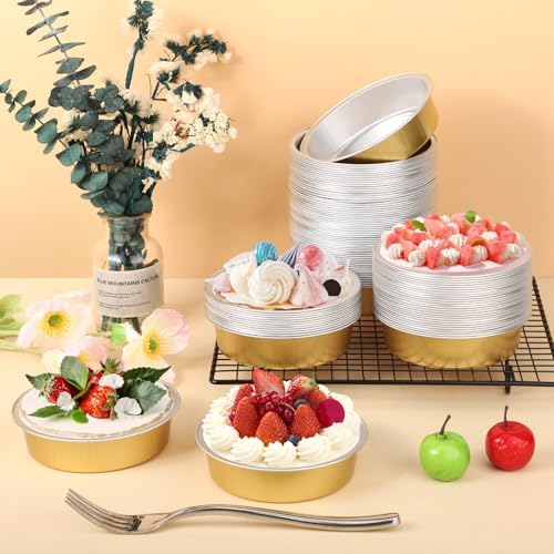 Beasea Aluminum Ramekins 100 Pack, 7.3oz 215ml Disposable Ramekins Foil Cups No Lids 4" Baking Ramekin Cup Cupcake Aluminum Mini Baking Cups for Party - Golden