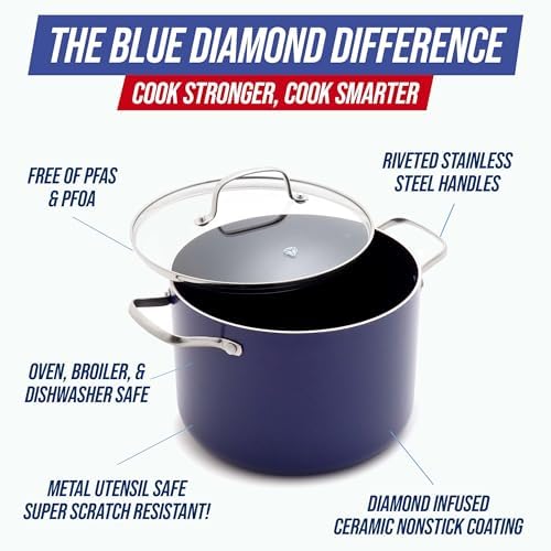 Blue Diamond 8QT Diamond Infused Ceramic Nonstick Stockpot with Lid, Blue, 8QT Stockpot with Lid (Pack of 2)