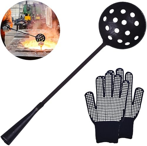 Casting Skimmer with Anti-Slip Gloves – 3.9" Steel Skimmer Ladle with 16.5" Handle for Zinc and Metal Alloys, Molten Metal Skimming Tool for Foundry and Casting