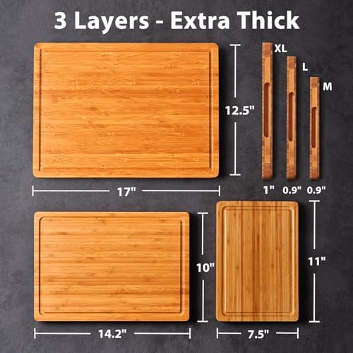 Allsum Carbonized Bamboo Wood Cutting Boards for Kitchen, 1” Thick Wooden Butcher with Juice Grooves and Handles, Cute Cheese Charcuterie Boards as a Gift for Chef, Family, 3 Pack
