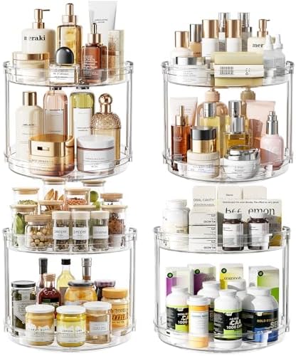 LAMU 4 Pack 10.6'' 2-Tier Lazy Susan Turntable Organizer Rotating Spice Rack Organization for Cabinet, Kitchen, Pantry, Countertop, Bathroom, Vanity, Makeup Organizer, Clear