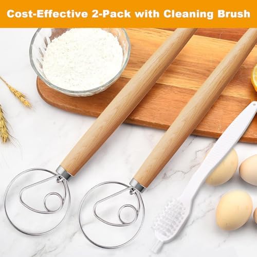 Aqdocvf 2‑Pack Danish Dough Whisk,13‑Inch Dutch Whisk with Cleaning‑Brush