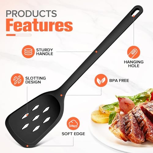 Silicone Spatula Set of 2 Pack, Heat Resistant Solid&Slotted Turner (BLACK)