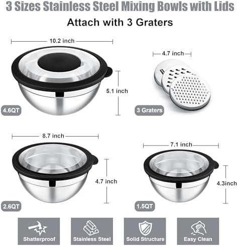 E-far Mixing Bowls with Lids and Graters, Stainless Steel Salad Mixing Bowl with Transparent Lid Set of 3, Metal Nesting Salad Storage for Kitchen Prepping/Serving/Baking, 4.6/2.6/1.5QT - Black