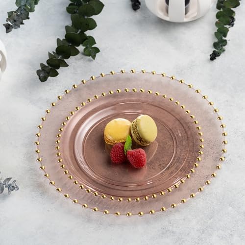 PLASTICPRO 128 Piece Combo Plastic Dinner Plates Disposable Plastic Fancy Heavy Duty Party Dishes 7 inch and 10 inch, Translucent Rose and Gold Beaded
