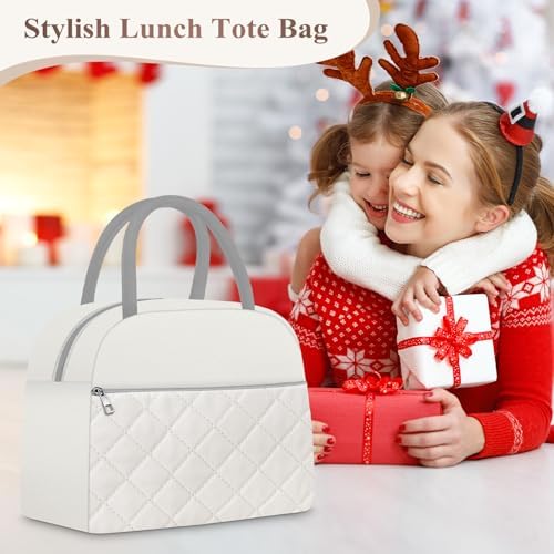 KUBYA Lunch Box for Women Adult Men Insulated Cute Quilted Lunch Bag Women Reusable Large Lunch Tote Bag Leakproof Simple Cooler Bag for Work Office Picnic Beach or Travel
