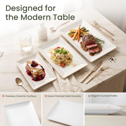 Kassel Ceramic Serving Platter Set | 14”/12”/10” Rectangular Serving Trays for Entertaining at Parties and Weddings | Oven Safe Large Serving Trays for Tacos, Steak, and Cake