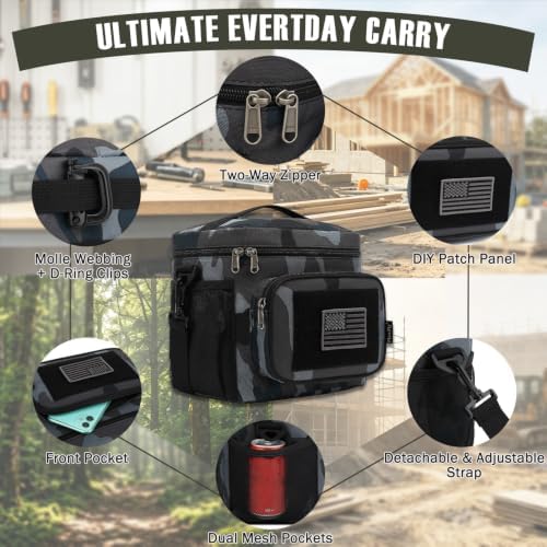 FlowFly Lunch Bag, Insulated Cooler, Thermal Lunch Box Tote with MOLLE/PALS Webbing, Adjustable Padded Shoulder Strap, for Tactical Men Women Adults and Boys Girls Kids (Black#Camo, Medium)