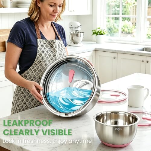 Mixing Bowls with Clear Airtight Lids, 3-Piece Stainless Steel Set, Pink