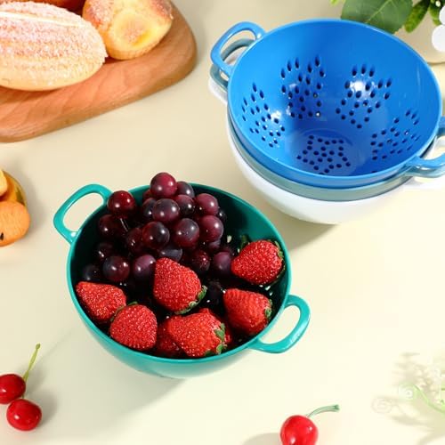 Baderke 4 Pack Mini Colander for Kitchen Plastic Berry Strainer with Double Handles 7.5 x 6 x 3 Inch Small Colander Strainer for Fruits Vegetables Food (Light Blue,Army Green,White,Blue)