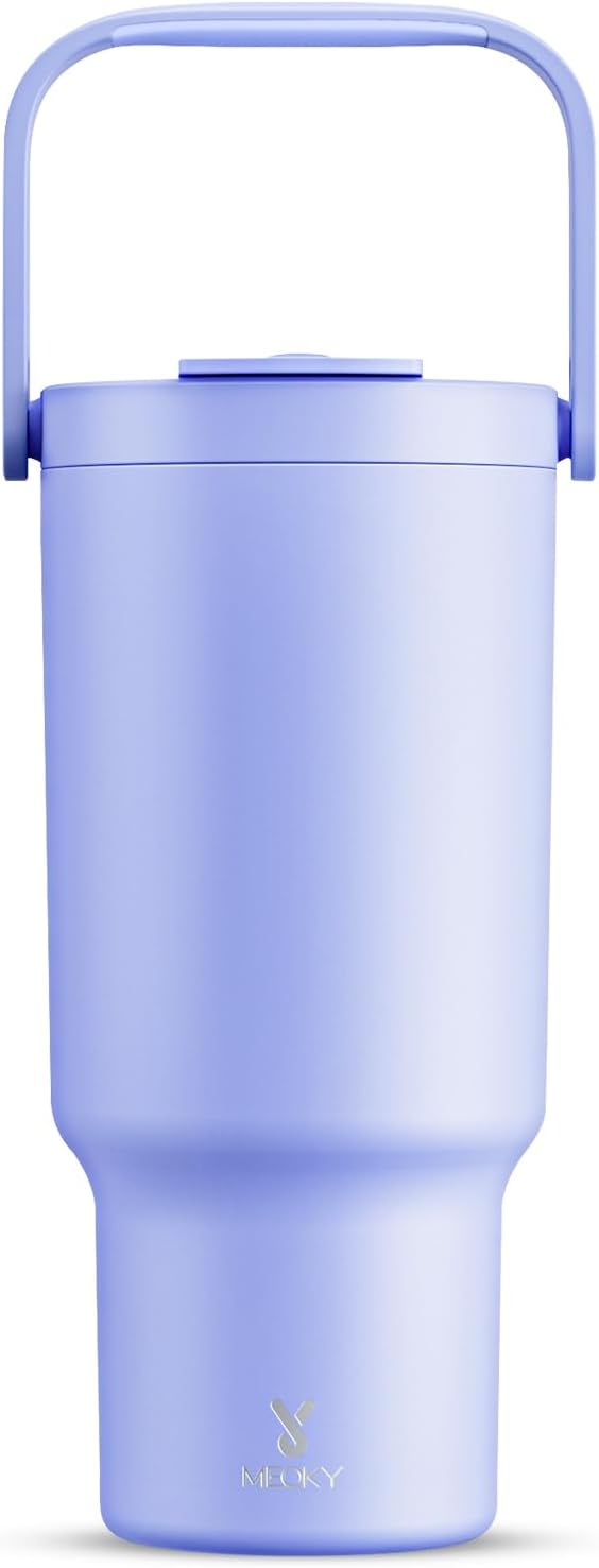 Meoky 32 oz Tumbler with Handle, Tumbler with Lid and Straw, Stainless Steel Travel Mug, 100% Leak Proof, Keeps Cold for 24 Hours, Fits in Car Cup Holder (Lilac)