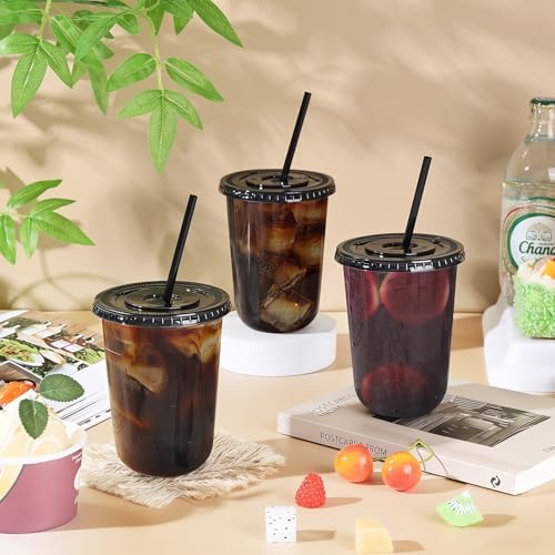 tchrules 50 Set 16oz Black Plastic Iced Coffee Cups with Lids and Straws