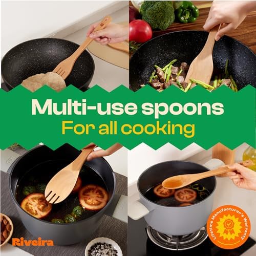 Riveira Cherry Wooden Spoons for Cooking Set of 6 – Natural Cherry Wooden Cooking Utensils, Wooden Spatula, Wooden Spoon - Premium Quality Utensil Set for Non-Toxic Cooking