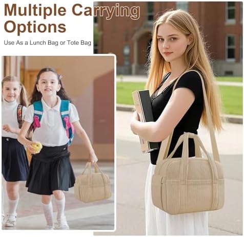 KUBYA Corduroy Lunch Box Lunch Bag for Women Men, Cute Strawberry Small Insulated Reusable Work Leakproof Simple Lunch Boxes Tote Bag Adults Cooler Bag