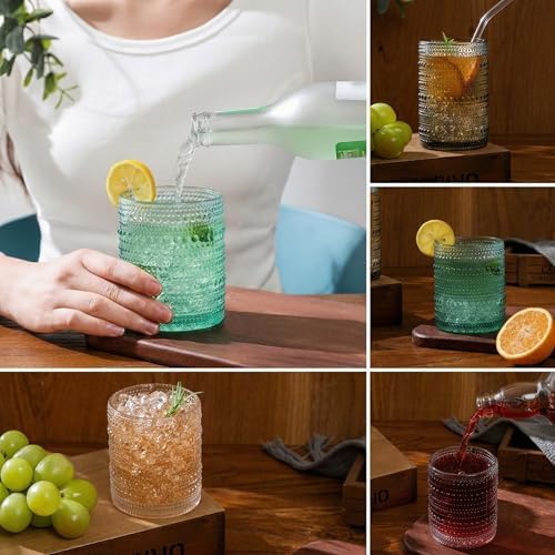 HomeVogue 12oz Colored Hobnail Drinking Glasses Set of 6, Vintage Glassware Old Fashioned Beverage Glasses, Cocktail Glass Set, Kitchen Water Glasses Cup, for Beer, Smoothie, Juice