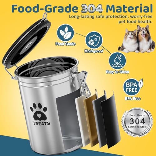 ENONCI Airtight Dog Treat Canister, 304 Stainless Steel Food Storage Jar with Date Dial Silver-1.8L
