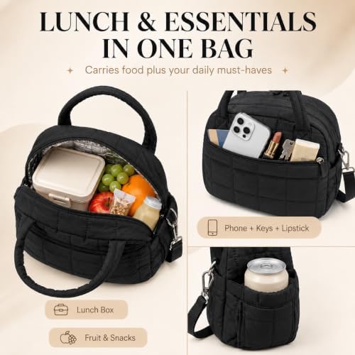 BTOOP Lunch Box for Women, Quilted Insulated Lunch Bag with Shoulder Strap