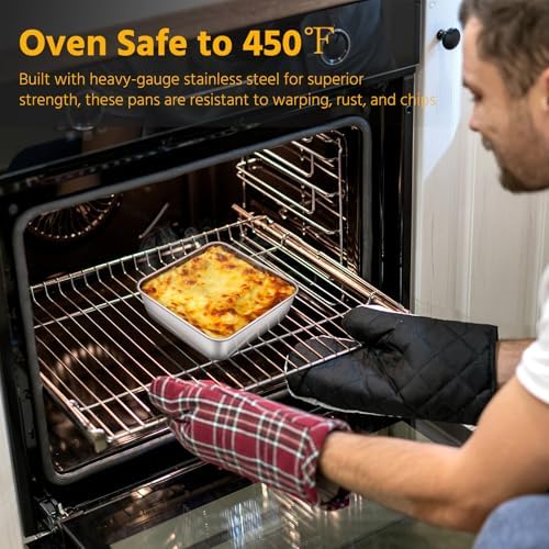 E-far 6 x 6-Inch Square Baking Pan with Lid, Small Stainless Steel Cake Brownie Pans Trays Dishes for Toaster Oven Air Fryer, Healthy & Dishwasher Safe - Set of 1(1 Pan + 1 Lid)