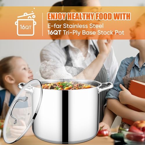 E-far 16 Quart Stainless Steel Pot, Induction Stockpot with Glass Lid