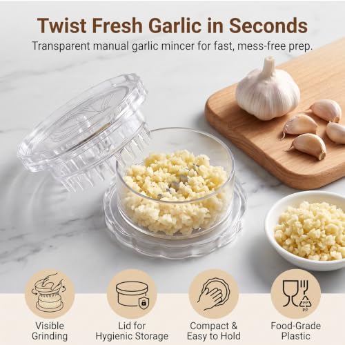Garlic Mincer, 2 Pack Manual Garlic Twister and Crusher for Garlic, Ginger, Herbs, Easy-Clean (Clear-2pcs)