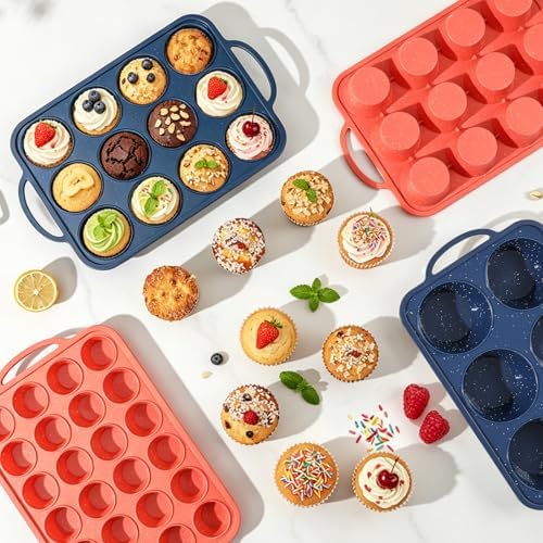 Vinino 3 Piece Silicone Muffin Pan Set with Stainless Steel Frame - Blue