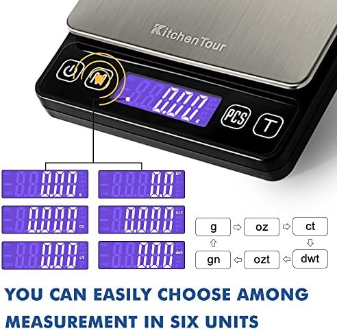 KitchenTour Mini Gram Scale for Coffee, Jewelry and Small Items, 500g x 0.01g Digital Pocket Scale with Tare, 6 Units, Back-Lit LCD, 2 Trays, Black