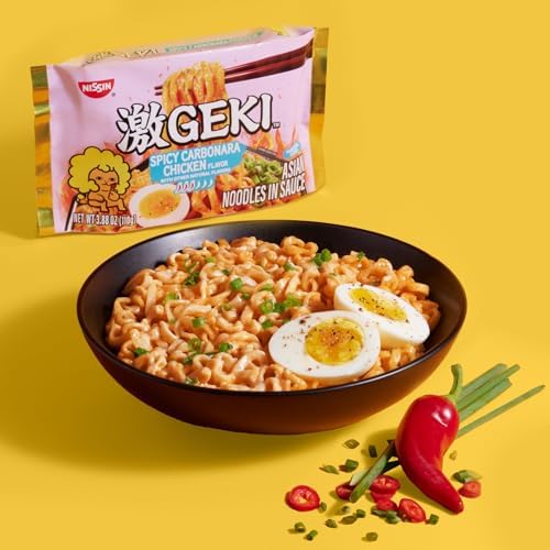 Nissin Geki Chili Infused Asian Noodles, Spicy Carbonara Chicken (Pack of 20)